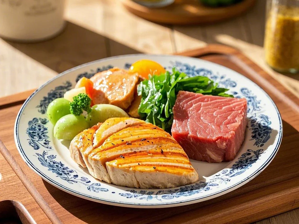 Beef (grass-fed preferred), Chicken & turkey, Fish (salmon, tuna, sardines),Eggs